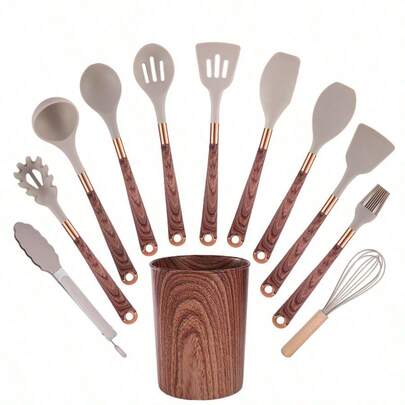 Ensemble de 11 ustensiles de cuisine avec support - Ensemble d'ustensiles de cuisine, avec des poignées à motif de grain de bois, ensemble de spatule et cuillère antiadhésive avec seau de rangement
