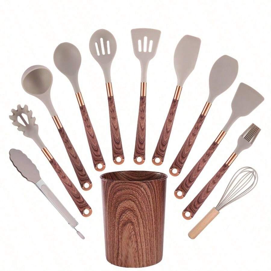 Juego de 11 piezas de utensilios de cocina con soporte - Juego de utensilios de cocina, con mangos con patrón de grano de madera, juego de espátula y cuchara antiadherente con cubo de almacenamiento - Multicolor - Ver 1