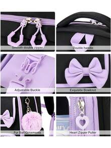 Set de 3 mochilas con bloques de color lindos, que incluye una mochila escolar con decoración de lazo adorable, cierre con cremallera, gran capacidad y múltiples bolsillos, ligera, adecuada para varias ocasiones como la escuela o viajes, regalo de regreso a clases - A - Ver 6