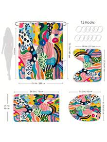 1/4pc Abstract Art Shower Curtain Set, Multi-Color Pop Art Print Bathroom Decor, Bathroom Curtain, Bathroom Accessories Including U-Shaped Mat, Toilet Lid Cover, 70.87X70.87 Inch Shower Curtain With Hooks, Modern Abstract Bathroom Decor - A - View 5