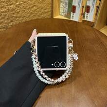 Colorful Woven Pattern Phone Case With Flower Pearl Chain, Compatible With Samsung Galaxy ZFlip7 Flip8 Z Flip6 ZFlip 5 Zflip6 Zflip5, Shockproof Back Cover - Pastel - View 7