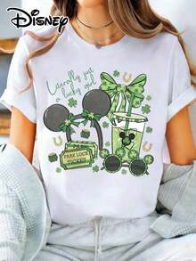 Disney Official Authorization | Women's St. Patrick's Day-Themed Short-Sleeve T-Shirt, Featuring The Fun Slogan "Literally Just A Lucky Girl," Paired With Mickey Mouse Elements And Clover Prints, And Incorporating Lucky Symbols Like Green Bows, Park Luck Tickets, And Gold Coin Pots To Create A Full Festive Atmosphere. Made Of Opaque Fabric, It Is Machine Washable, Suitable For Park Visits And Daily Casual Wear, Making It An Eye-Catching Piece For Holiday Outfits. - trắng - Xem 6