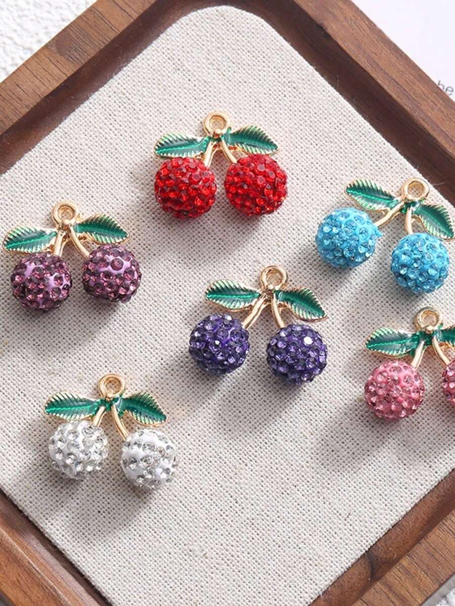 5pcs Ceramic Fruit Cherry With Rhinestone DIY Earrings, Necklace, Phone Chain, Keychain Jewelry Accessories - 5PCS - View 1