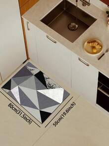 3.5mm Thick Absorbent Rubber Kitchen Mat, Large Or Small Rug, Modern Geometric Abstract Design In Black, White And Gray Tones With Layered Triangle Patterns, Faux Marble Texture Decorative Carpet, Can Be Trimmed To Fit Kitchen, Living Room Or Bedroom - Multicolor - View 14