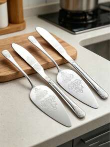 2 Pieces Stainless Steel Floral Cake Knife And Server Set, Heavy Duty & Rust-Resistant Cake Cutter With Elegant Design, Perfect Gift For Weddings, Birthdays, Anniversaries, Essential Baking & Party Supplies" - Silver - View 2