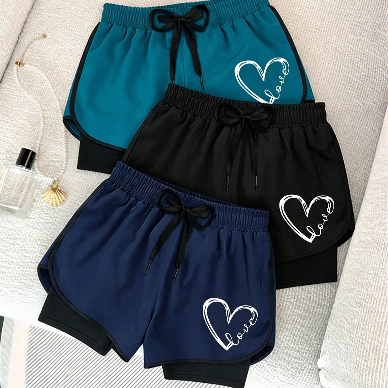 Pantalones cortos deportivos de verano para mujer, 2 en 1 para correr & fitness, cintura con cordón, estampado, Cintura con cordón ajustable Deporte