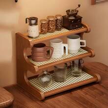 1pc Vintage-Style Multi-Tier Desktop Storage Rack, Large Capacity Cup Holder, Kitchen Spice Rack, Woven Rattan Panel, Quick Draining, Suitable For Kitchen, Dining Sideboard, Coffee Corner, Tea Station And Office Organization - Desktop Display Shelf - Rattan Style - View 13