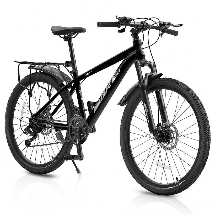 24 26 Inch Bike, Mountain Bike For Boys And Girls Over With 21-Speed Drivetrain, Suspension Fork, Dual Disc Brakes, Rear Rack, Internal Cable,Bicycles With Multiple Colors - Black - View 1