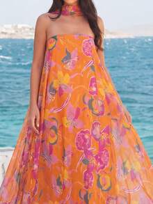 Faeriesty Đầm cổ cao họa tiết hoa thanh lịch - Chất liệu chiffon rực rỡ, kiểu dáng chữ A thướt tha, phù hợp cho các bữa tiệc, đám cưới ngoài trời và các lễ kỷ niệm theo phong cách boho. - trái cam - Xem 5