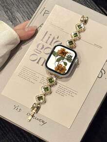 Huastonband 女款金色手鍊錶帶，適用於 ，時尚鑽石鑲嵌花卉設計金屬不鏽鋼腕帶，相容 38/40/41/42/44/45/46/49mm 系列 Ultra/SE/S11/S10/S9/S8/S7/S6/S5/S4/S3，優雅夏季女款珠寶金色海灘配件 - 金色 - 查看 5