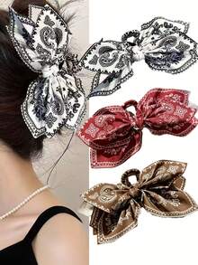 3Pcs Retro Elegant Bow Hair Clips, 3 Cute Colors With Bows And Tassels, Paisley Bohemian Style Hair Claw, Suitable For Thick Hair, Hair Accessories, Beachwear/Everyday/Party/Styling Accessories, Women's Hair Accessories, Gift Recommendation, Women's Hair Clips, Women's Claw Clips, Clips - Multicolor - View 3