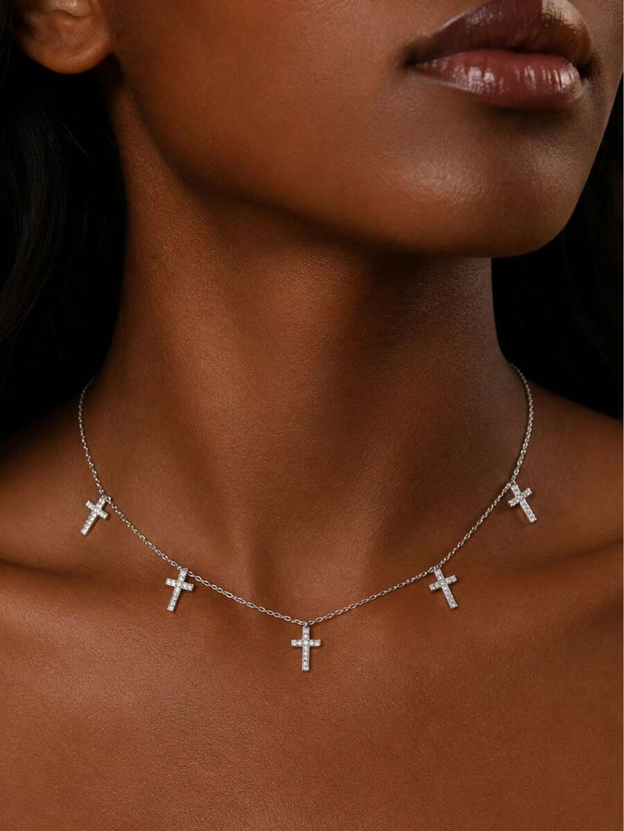 outingfit 1pc Fashionable Cross Pendant Necklace, Creative Vintage Minimalist Eye-Catching Neck Chain Jewelry For Women - Silver - View 1