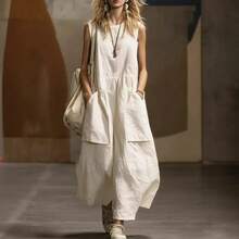 2026 Spring/Summer New Loose Sleeveless Dress With Three-Dimensional Pockets - Milky - View 3