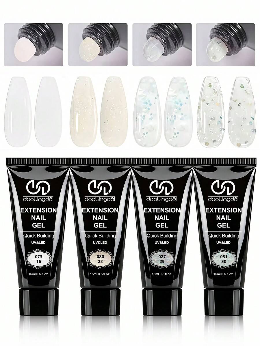 Set de 4 piezas de extensión de uñas de gel de polímero, kit de gel de modelado rápido, diseño de uñas UV LED sin olor, fortalecimiento de uñas brillante y duradero, incluye herramientas sencillas para uñas en casa - Multicolor - Ver 1