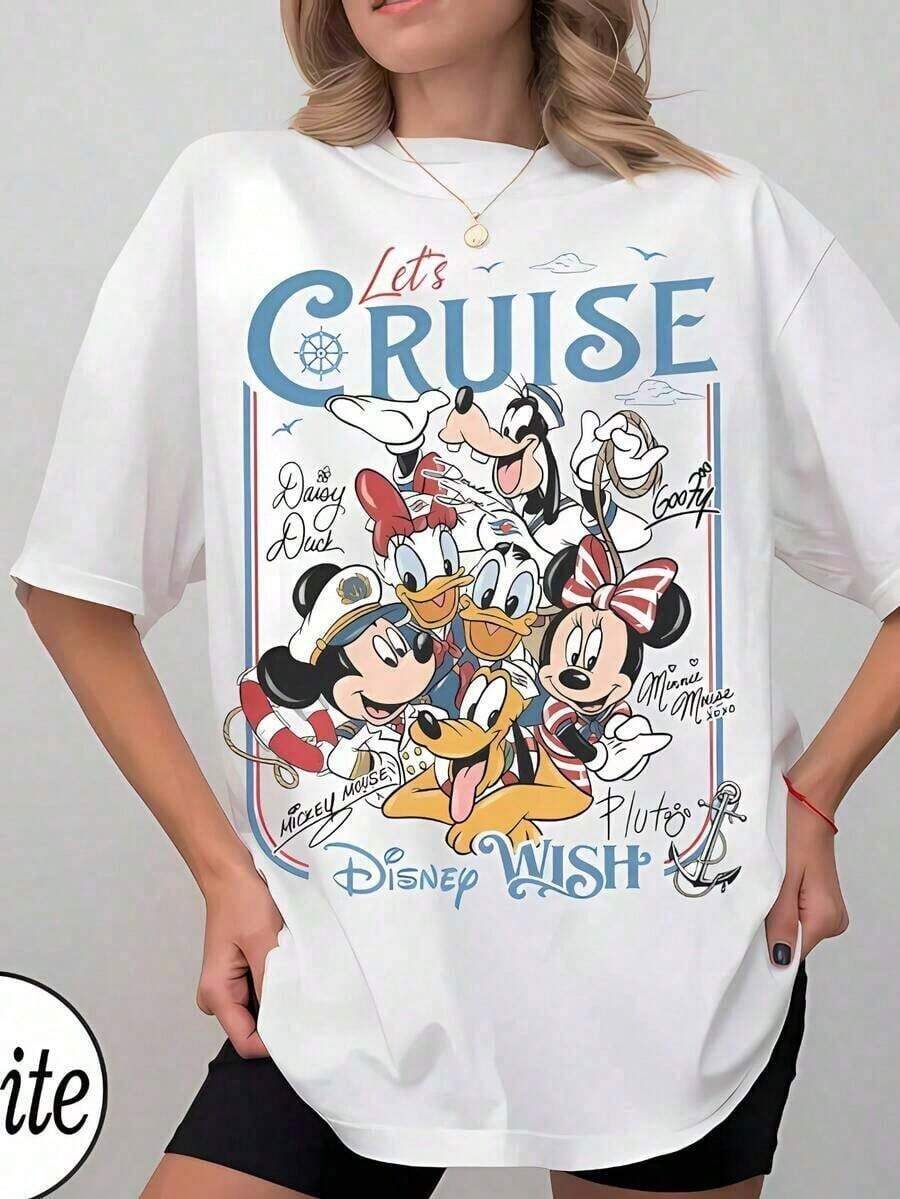 Charming Disney Bear & Friends Castle Print Tops De Mujer, Sweet Cartoon Art Short Sleeve T-Shirt, Lovely Vintage Bear Graphic Tee, Soft Breathable Casual Daily Outfit, Delicate Disney Trip & Vacation Wardrobe Essential --Disneys Disneyland Paris The Magic Kingdom Disneyesque B6Holiday Gifts Valentine's Day Gifts Earth Day Gifts Oktoberfest Gifts Summer Bank Holiday Gifts - 白色 - 查看 1