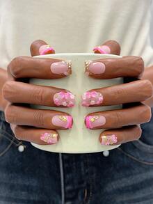 10pcs Y2K Nails Square Press On Nails Set - Handcrafted, Pink Nails, Gold Nails, Pink French Tip Nails, Handmade 3D Pink Flowers Nail Art, Hand Drawn Pink Gradient Nails, Pink Little Flowers And Gold Rhinestone Decoration, Nails Handmade, Sparkling Gold Sea Star And Gold Seashell Decoration, Delicate Graceful Nails - Perfect For Parties & Casual Attire, Perfect Holiday Gift For Women And Girls - Multicolor - View 2