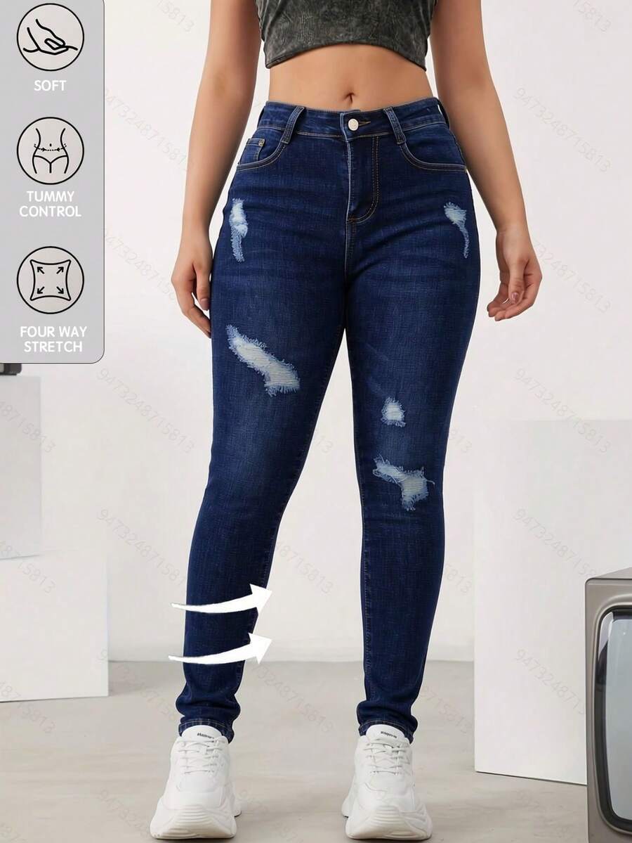 Skinny Stretch Jeans With Rips, Casual Youth Style - Deep Blue - View 1