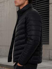 Men's HPC Polo Fleece Puffer Jacket, Warm, Casual, Basic, No Hood, Youthful And Modern Style, Ideal For Winter Or Cold Weather - 黑色 - 查看 3