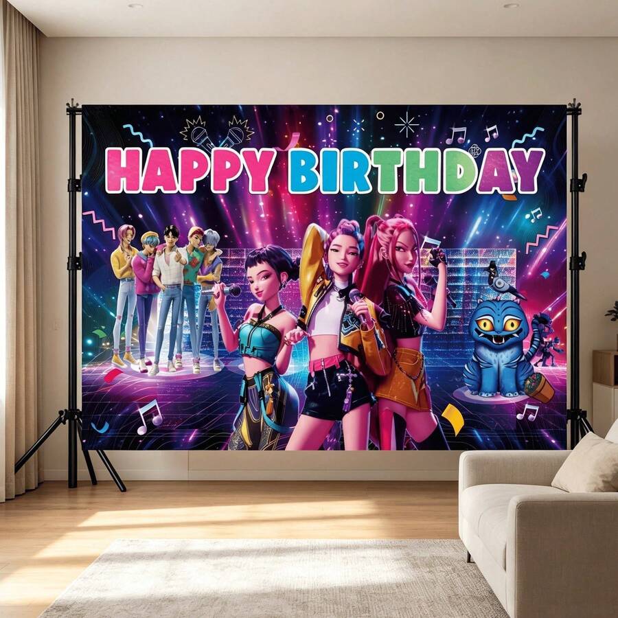 1 pieza Decoraciones para ambiente de fiesta con temática de ídolos K-POP, Cazadores de demonios K-Pop, Caza de brujas de K-Pop, Tela de fondo, Decoración de fiesta de cumpleaños, Regalos de decoración de fiesta del grupo de Caza de brujas para niños - Multicolor - Ver 1