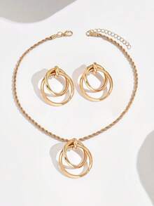 Ensemble de bijoux polyvalent 3 pièces avec boucles d'oreilles clous et pendentif en chaîne métallique à motif géométrique de cercle - Jaune doré - Géométrique - Voir 4