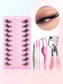 MAANGE 10 Pairs Fox Eye False Eyelashes Set, 5 Makeup Tools, Half-Strip False Eyelashes, Slim Daily Use, Curled And Enlarged Eyes, Eyelash Strips, Soft Half-Eye Shape, Suitable For Daily Wear - Black - View 3