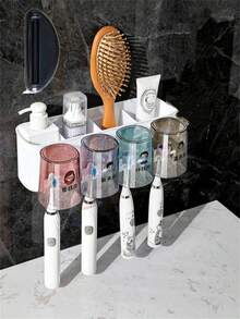 1pc No Drill Wall-Mounted Toothbrush Holder Set, Includes Rinse Cup & Toothpaste Dispenser, Bathroom Storage Rack (Product Batch Varies, Sticker Pattern & Cup Color Randomly Shipped, Does Not Affect Usage) - Multicolor - View 11
