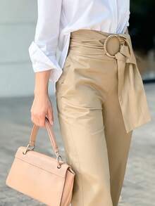 Women's Solid Color Waist Ring Connected Straight Leg Casual Pants - Light Khaki - View 5