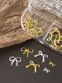 6pcs 3D Bow Nail Art Decorations, Gold & Silver Hollow And Solid Bow Nail Accessories, Multi-Size Metal Ribbon Nail Decor Suitable For Wedding, Valentine's Day, Graduation Ceremony And Daily Wear Nail Charms - Multicolor - View 6