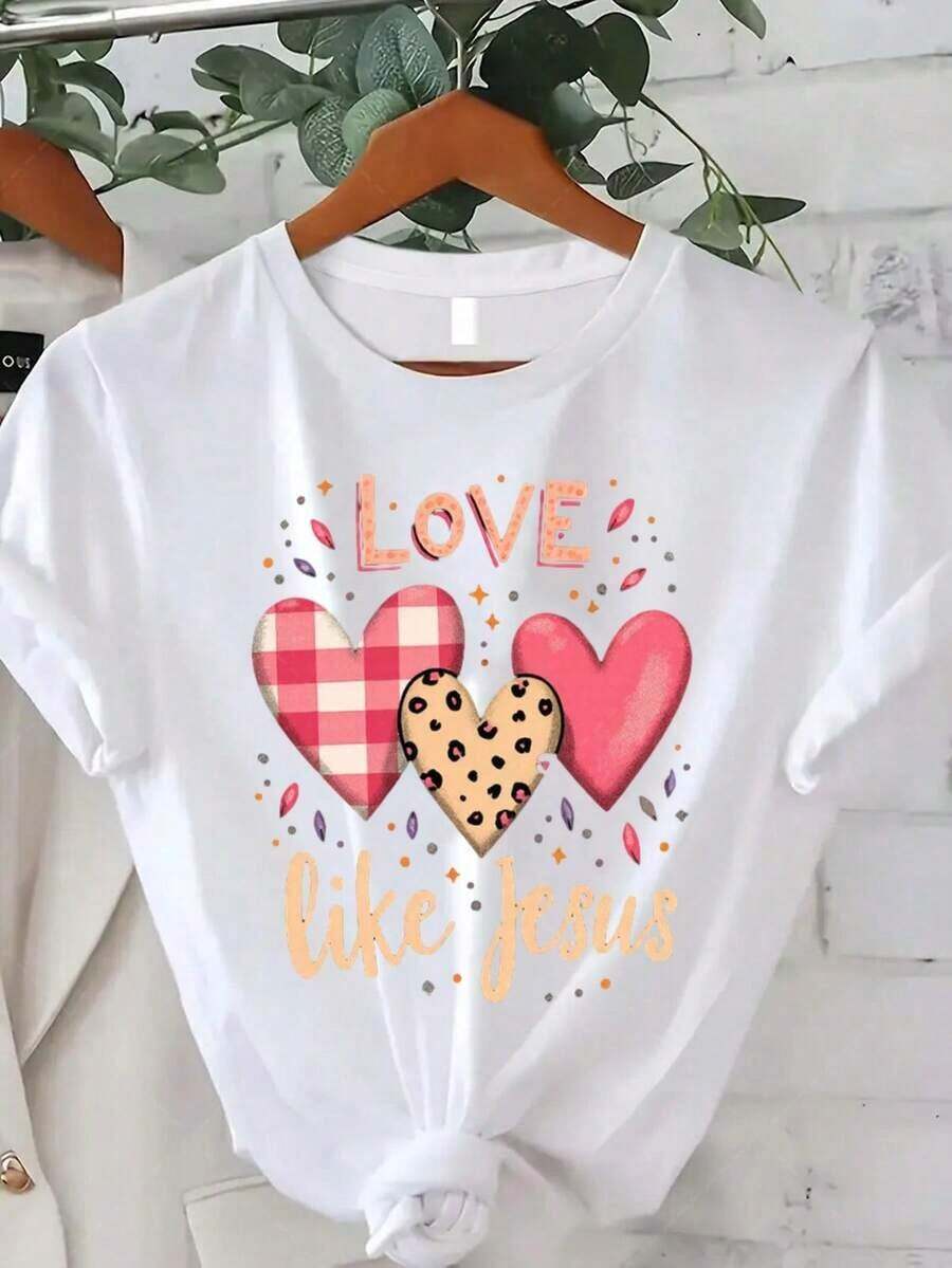 mujer 1 pieza Camiseta de Mujer con Estampado Gráfico 100% Algodón, Cómoda, Transpirable, Fresca, Estilo Casual, Talla Grande - Camiseta de Mujer Talla Grande con Estampado de Fe Cristiana - Estampado de Corazones y Cruces Coloridos, Verso Bíblico Inspirador, Cuello Redondo, Manga Corta, Ideal para Regalos de San Valentín, Pascua, Navidad - Camiseta de Manga Corta con Cuello Redondo para Uso Diario en Verano, Adecuada para primavera, verano y otoño. - Blanco - Ver 1