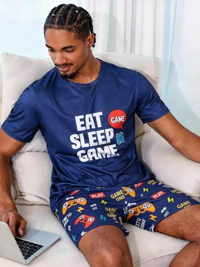 2pcs Men's "Eat Sleep Game" Print Short Sleeve T-Shirt And Shorts Pajama Set, Casual Soft Milk Silk Loungewear, Gaming Theme Sleepwear