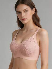 1pc Women's Wireless Lace Bra - Molded Cup, Adjustable Straps, Comfortable For Daily Wear - Pink - View 3