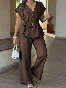 Lily House Women's Autumn/Summer 2-Piece Set, V-Neck Short Sleeve Tie-Front Blouse + High-Waisted Wide-Leg Pants, Elegant Casual, Suitable For Office And Back To School - Brown - View 4