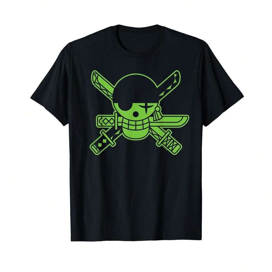 Unisex Short-Sleeved T-Shirt, Green Roronoa Zoro Jolly Roger T-Shirt, Soft Cotton, Casual Everyday Wear - 黑色 - 查看 1
