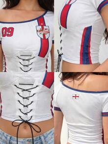 Camiseta corta de mujer casual con cuello asimétrico de malla tipo jersey de México, ajuste ceñido, para verano y primavera, estilo Blokette Blokecore Remake, Copa Mundial 2026 - Multicolor - Ver 7
