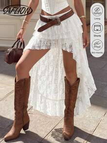 Aflion Women's Summer Autumn Y2K Cream Lace Midi Dress, Layered Ruffle Asymmetrical Hemline Sheer Semi-See-Through Party Dress For Halloween - White - View 2