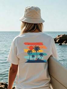 Casual White Cotton T-Shirt With Back Graphic, Matching For Couples, Soft And Comfortable For Beach And Outdoor Activities, Available In Sizes S To -Tee - White - View 5