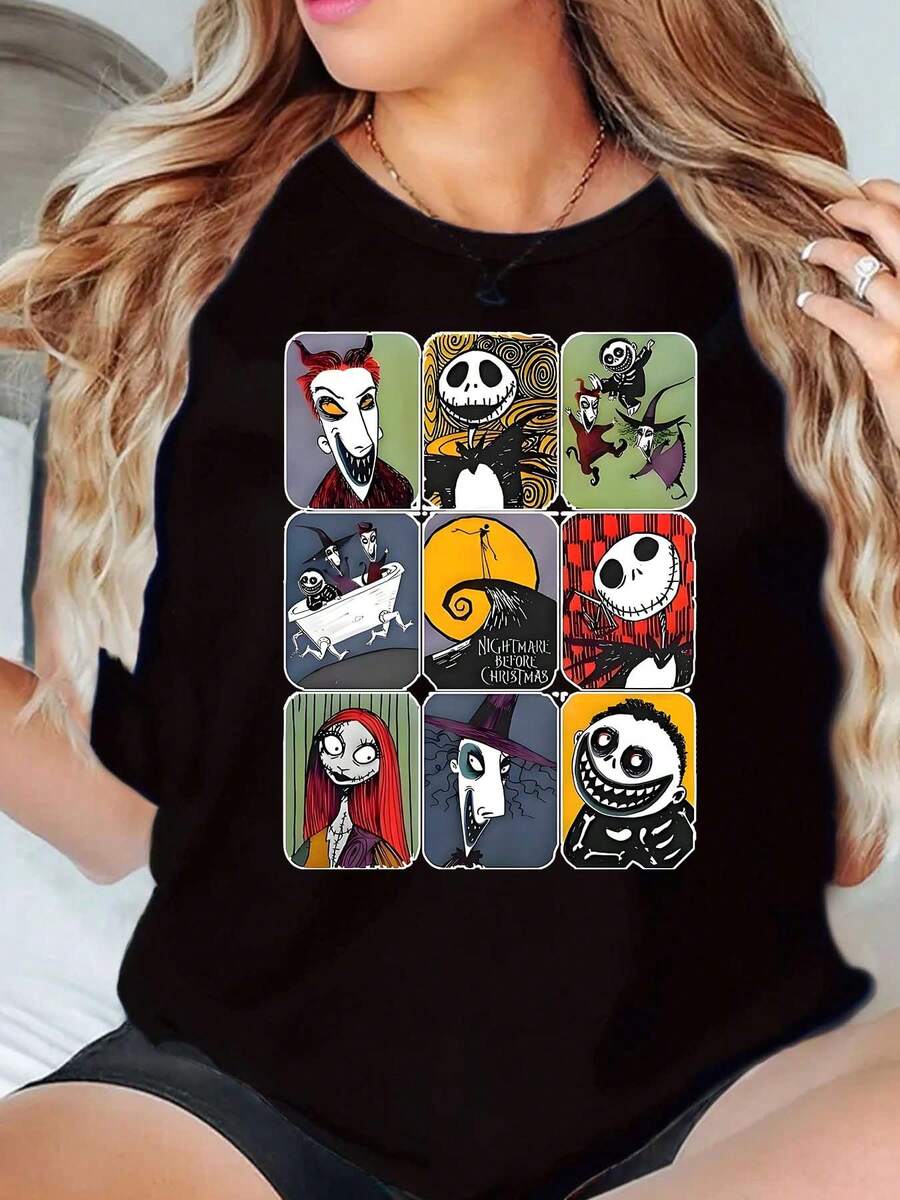 Nightmare Before Christmas Characters Grid Print Disney Women T Shirt Round Neck Short Sleeve Casual Wear Halloween Costume Soft Comfortable 220g - màu đen - Xem 1