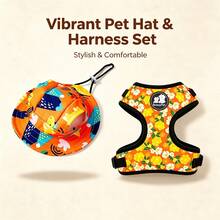 BVEOYPET 2pcs/Set: Dog Harness And Sun Hat Set, Adjustable Floral Pet Harness, Anti-Pull Design, Breathable Puppy Vest Harness + Sun Protection Hat, Suitable For Medium And Small Dogs, Outdoor Dog Walking Pet Supplies - Orange - View 2