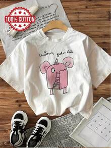 T-shirt casual estiva, rosa, con stampa di unicorno ed elefante, 100% cotone, manica corta, collo tondo, ideale per estate e primavera, abbigliamento da donna, t-shirt in cotone - Bianco - Visualizzare 6