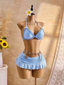 Bellisia Women's 3 PiecesCute V-Neck Halter Tie Ruffle Trim Bikini Top, Triangle Bottoms & Skirt Swimwear Set, Summer - 藍白色 - 查看 4
