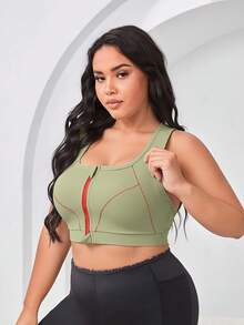 Front Zipper/Contrast Color/Women Plus Size/Removable Padded/Outdoor/Yoga/Sports Bra - Green - View 2