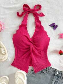 Top con espalda abierta, anudado en el cuello, con estilo sexy y bonito para el verano - Rojo violeta - Ver 4