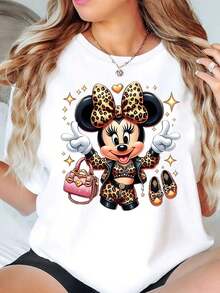 Minnie Mouse Leopard Print With Pink Bag And Gold Shoes Disney Women T Shirt Round Neck Short Sleeve Casual Daily Wear For Spring Summer Soft Comfortable 220g - trắng - Xem 1