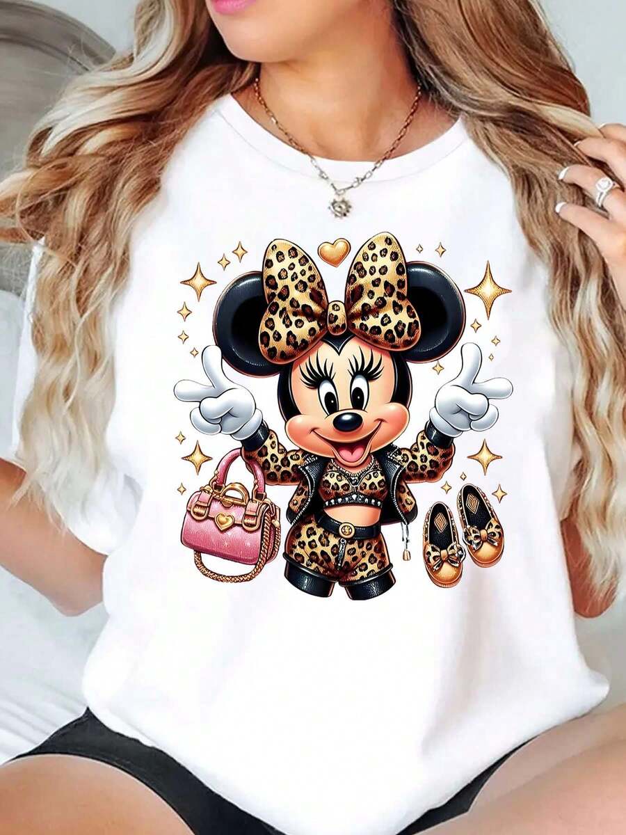 Minnie Mouse Leopard Print With Pink Bag And Gold Shoes Disney Women T Shirt Round Neck Short Sleeve Casual Daily Wear For Spring Summer Soft Comfortable 220g - trắng - Xem 1