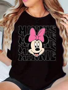 Disney Camiseta de mujer con estampado de cara de Minnie Mouse con lazo rosa y texto de Minnie, de cuello redondo, manga corta, uso casual diario, de verano, suave y cómoda de 220g - Negro - Ver 1