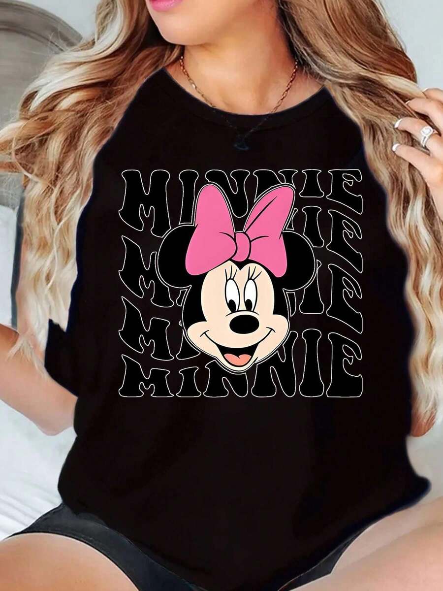 Disney Camiseta de mujer con estampado de cara de Minnie Mouse con lazo rosa y texto de Minnie, de cuello redondo, manga corta, uso casual diario, de verano, suave y cómoda de 220g - Negro - Ver 1