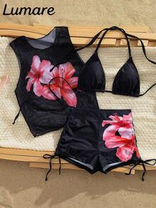 Conjunto de bikini de 3 piezas/set: Top halter casual y sexy con cubierta de malla floral transparente, Bottom de traje de baño con lazos laterales, tela con estiramiento moderado, adecuado para vacaciones, playa, actividades en la piscina, fiestas en la playa, vacaciones de verano - Multicolor 3 - Ver 8