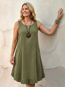 EMERY Vestido de verano casual de talla para mujer, de color verde militar sólido, sin mangas, con volantes en el bajo y parches de encaje en la espalda - verde militar 2 - Ver 8