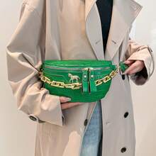 Medium Crossbody Chest Bag Crocodile Embossed Coin Purse, Fashion Chain Decor Zipper Fanny Pack With Adjustable Strap, Stylish Artificial PU Leather Waist Bag For Travel & Sports, Retro Classic Commuting Shoulder Bags For Women - Green - View 7