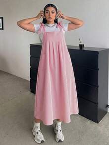 大尺碼女款條紋雙口袋休閒寬鬆吊帶長洋裝，優雅夏季紅色女裝套裝 - 紅色 - 查看 3